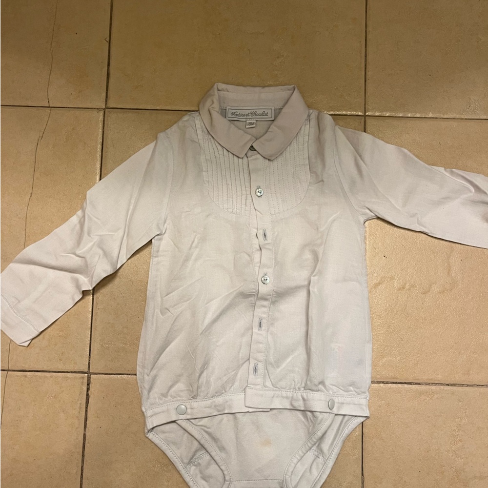 Tartine et Chocolat 18m, pale light blue tuxedo dress shirt with onesie closure